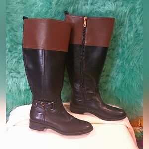 Tommy Hilfiger Black & Brown Twitina Two-tone Faux Leather Tall Riding Boots 8M
